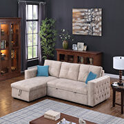 Beige velvet reversible sleeper sectional nailheaded sofa with storage main photo