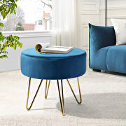 Teal and gold decorative round shaped ottoman with metal legs main photo
