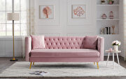Pink velvet modern flat armrest three seat sofa with two throw pillows main photo