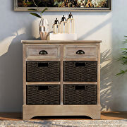 White washed rustic storage cabinet with two drawers and four classic rattan basket main photo