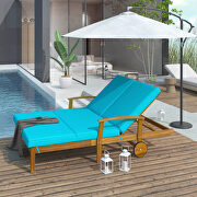 Natural wood finish/ blue cushion outdoor double chaise lounge chair