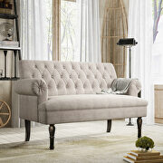 Light beige linen textured fabric chesterfield settee button tufted scrolled arm loveseat main photo