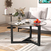 Tempered glass top and black wood base round coffee table main photo