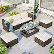 WY217 (Beige) U_style 5-piece patio wicker set sofa with adustable backrest beige cushions ottomans and lift top coffee table
