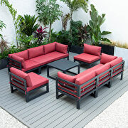 9-piece patio sectional with coffee table black aluminum with red cushions main photo
