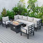 Beige cushions 7-piece patio sectional and fire pit table black aluminum main photo