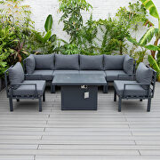 Black cushions 7-piece patio sectional and fire pit table black aluminum main photo
