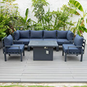 Blue cushions 7-piece patio sectional and fire pit table black aluminum