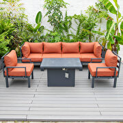Orange cushions 7-piece patio sectional and fire pit table black aluminum main photo