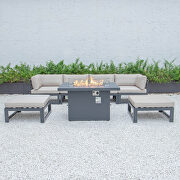 Beige cushions 7-piece patio ottoman sectional and fire pit table black aluminum main photo