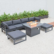 Black cushions 7-piece patio ottoman sectional and fire pit table black aluminum main photo