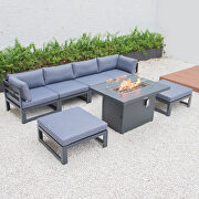 Blue cushions 7-piece patio ottoman sectional and fire pit table black aluminum main photo