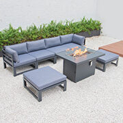 Blue cushions 7-piece patio ottoman sectional and fire pit table black aluminum