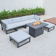 Light gray cushions 7-piece patio ottoman sectional and fire pit table black aluminum main photo