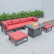 Red cushions 7-piece patio ottoman sectional and fire pit table black aluminum main photo