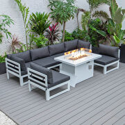 Black cushions 7-piece patio sectional and fire pit table white aluminum main photo