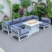 Blue cushions 7-piece patio sectional and fire pit table white aluminum main photo