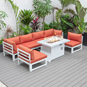 Orange cushions 7-piece patio sectional and fire pit table white aluminum main photo