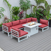 Red cushions 7-piece patio sectional and fire pit table white aluminum main photo