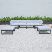 Light gray cushions 6-piece patio ottoman sectional black aluminum main photo