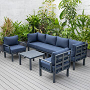 Blue finish cushions 7-piece patio sectional and coffee table set black aluminum main photo