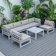 Beige finish cushions 7-piece patio sectional and coffee table set in weathered gray aluminum