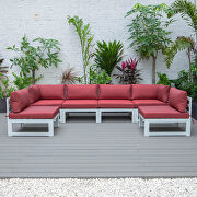 Red finish cushions 6-piece patio sectional in white aluminum main photo