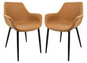 Light brown modern leather dining arm chair with metal legs set of 2