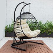 Beige finish wicker 2 person double folding hanging egg swing chair