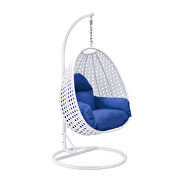 Single (Blue) III Blue cushion and white wicker hanging egg swing chair