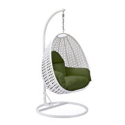 Dark green cushion and white wicker hanging egg swing chair main photo