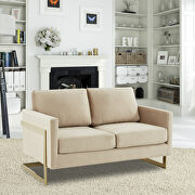 Modern mid-century upholstered beige velvet loveseat with gold frame main photo