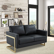 Modern mid-century upholstered black leather loveseat with gold frame main photo