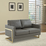 Modern mid-century upholstered gray leather loveseat with gold frame main photo