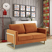 Modern mid-century upholstered orange marmalade velvet loveseat with gold frame main photo