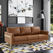 Lincoln (Cognac) L Modern mid-century upholstered cognac tan leather sofa with gold frame