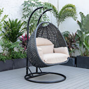 Mendoza (Beige) II Beige cushion and charcoal wicker hanging 2 person egg swing chair