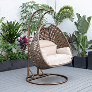 Mendoza (Beige) III Beige cushion and dark brown wicker hanging 2 person egg swing chair
