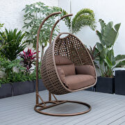 Brown cushion and dark brown wicker hanging 2 person egg swing chair main photo
