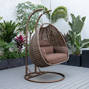 Brown cushion and dark brown wicker hanging 2 person egg swing chair