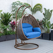 Blue cushion and dark brown wicker hanging 2 person egg swing chair main photo