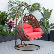 Red cushion and dark brown wicker hanging 2 person egg swing chair main photo