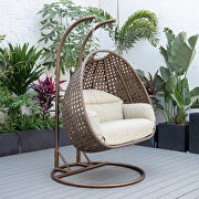 Taupe cushion and dark brown wicker hanging 2 person egg swing chair