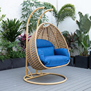 Mendoza (Blue) Blue cushion and light brown wicker hanging 2 person egg swing chair