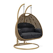 Dark gray cushion and light brown wicker hanging 2 person egg swing chair main photo