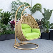 Light green cushion and light brown wicker hanging 2 person egg swing chair main photo