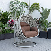 Brown cushion and light gray wicker hanging 2 person egg swing chair