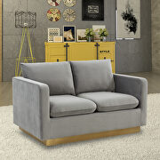 Modern style upholstered light gray velvet loveseat with gold frame main photo