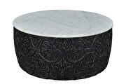 Carved round coffee table with white marble top