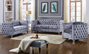 Explicite (Silver) Silver velour fabric tufted sofa in glam style